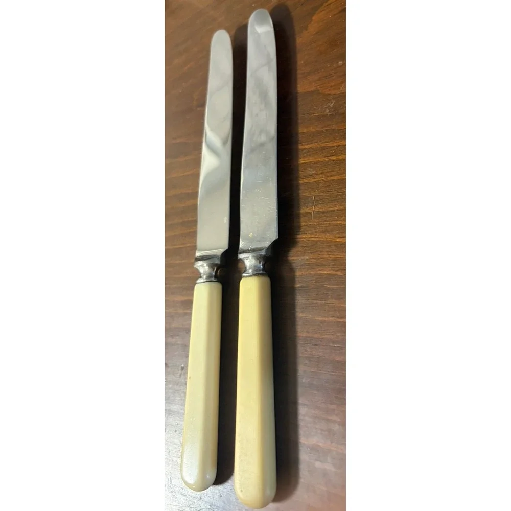 Vintage Imperial Stainless Sheffield Dinner Knives Set of 2 Ivorine Handles